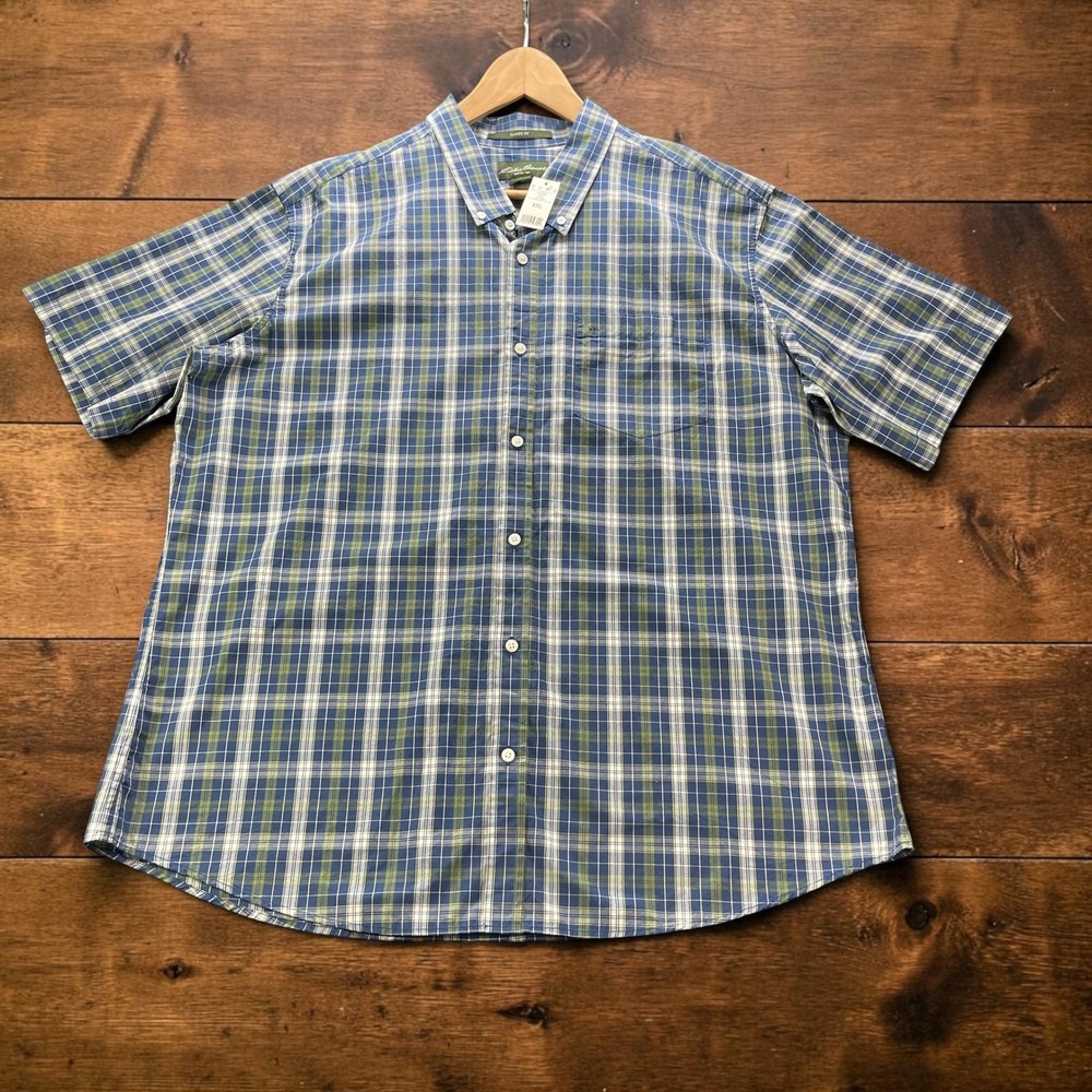 NEW Eddie Bauer Mens XXL Short Sleeve Plaid Poplin Button Down Shirt Blue Green